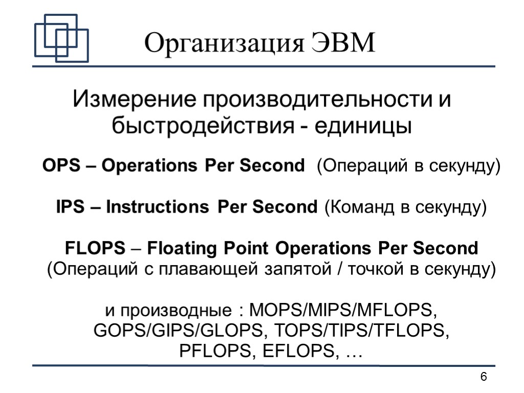 Организация ЭВМ Измерение производительности и быстродействия - единицы OPS – Operations Per Second (Операций